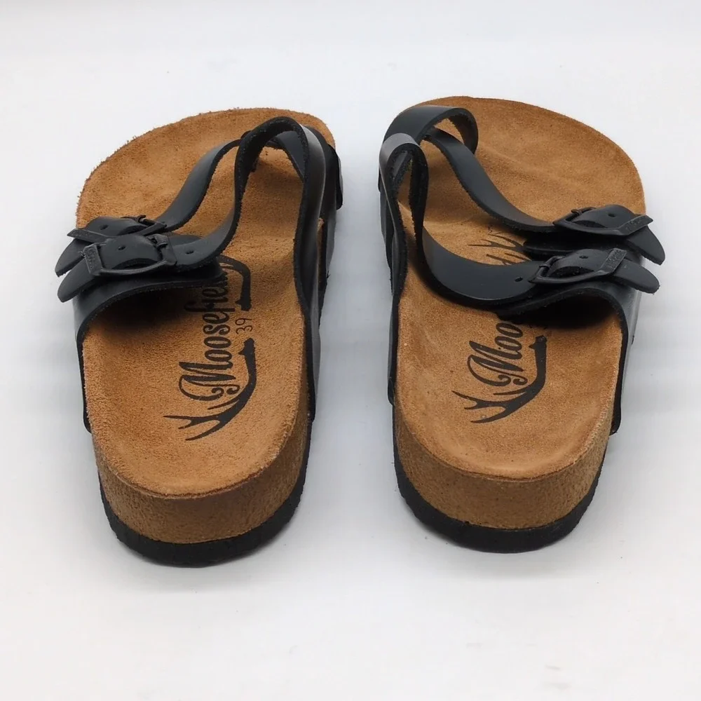 Moosefield Shoes Womens Black 39 Leather Thong Sandals Double Buckle Straps NEW